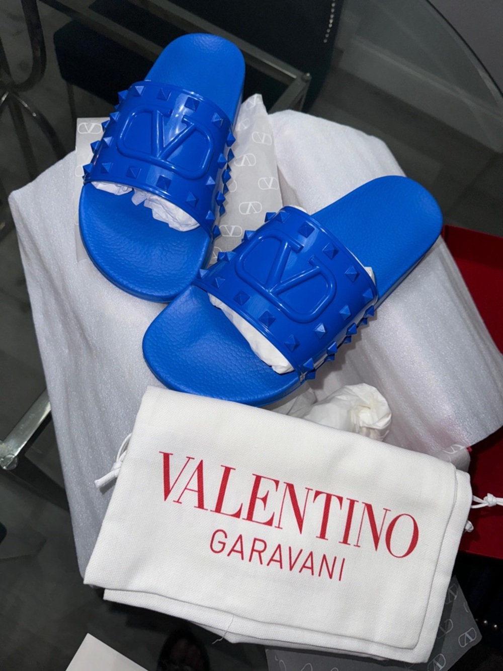Valentino Garavani Electric Blue Rockstud Logo Slides